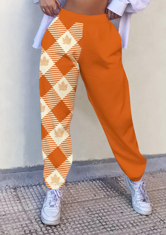 Plaid Striped Maple Leaf Color Block Sweatpants - Orange