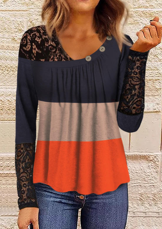 Color Block Lace Ruffled Button Long Sleeve Blouse