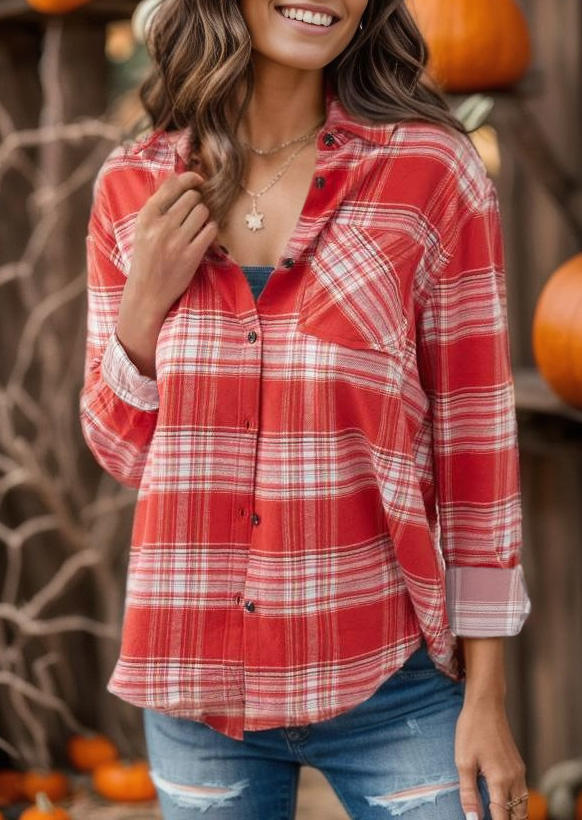 Plaid Pocket Button Turn-Down Collar Shirt