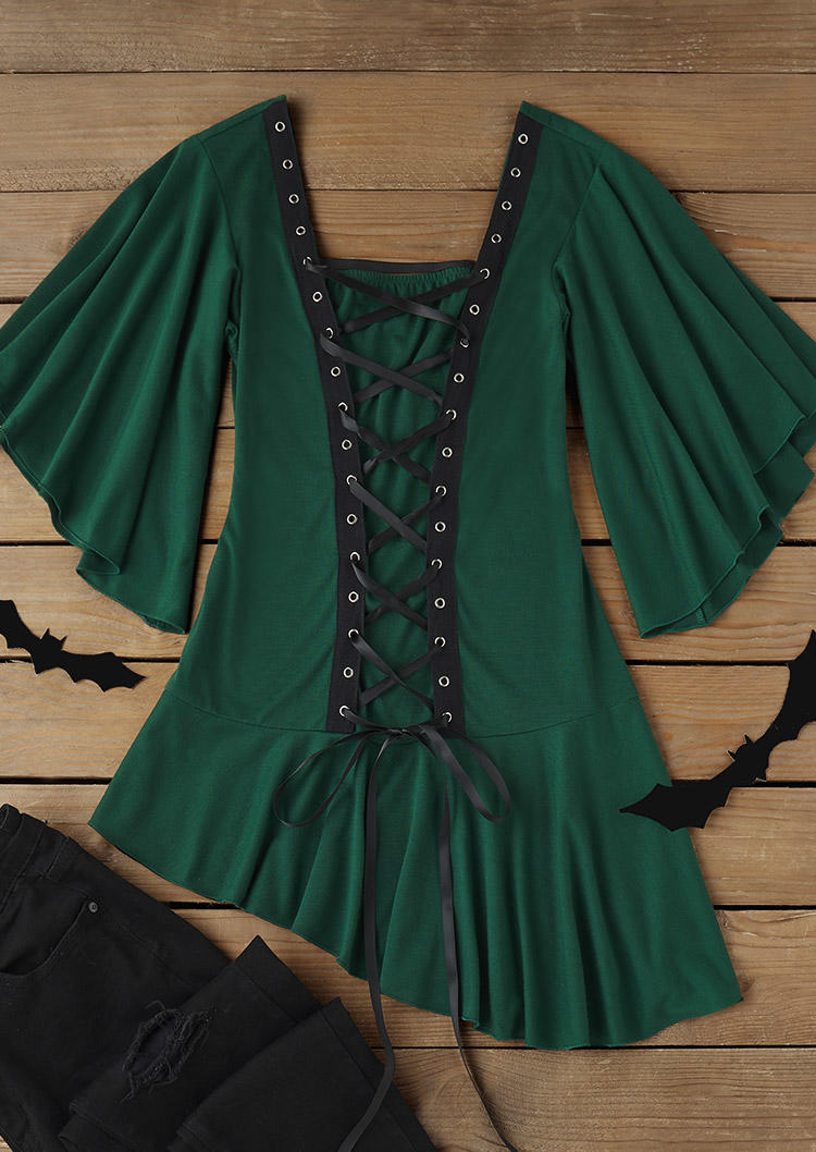 

Blouses Lace Up Batwing Sleeve Asymmetrical Hem Blouse in Green. Size: L,M