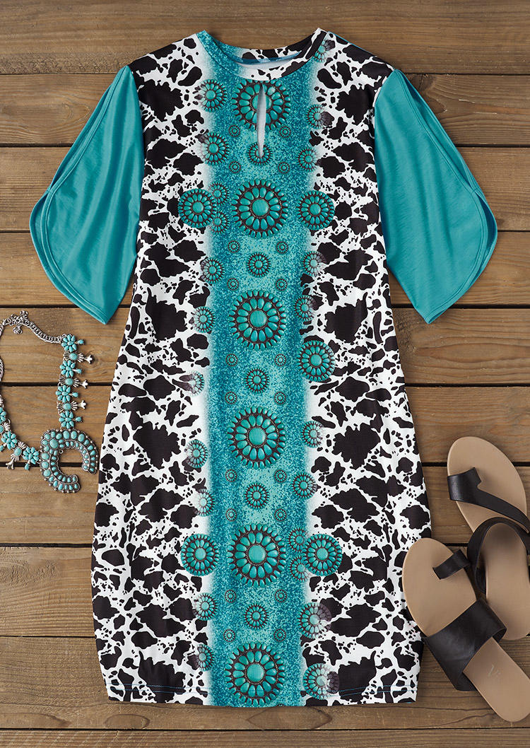 

Mini Dresses Western Cow Turquoise Hollow Out Cold Shoulder Mini Dress in Multicolor. Size: ,M,S