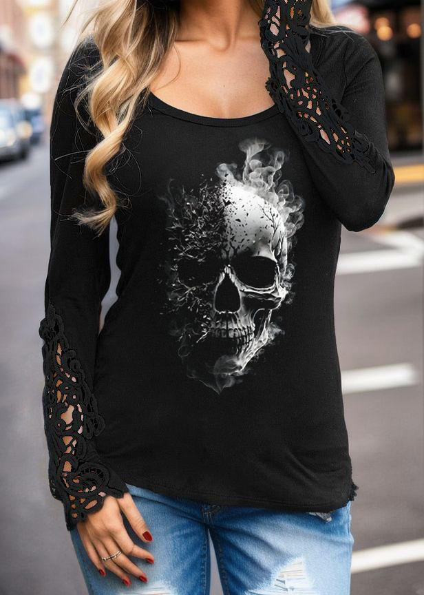 

Blouses Halloween Skull Lace Splicing Long Sleeve Blouse in Black. Size: L,M,,XL