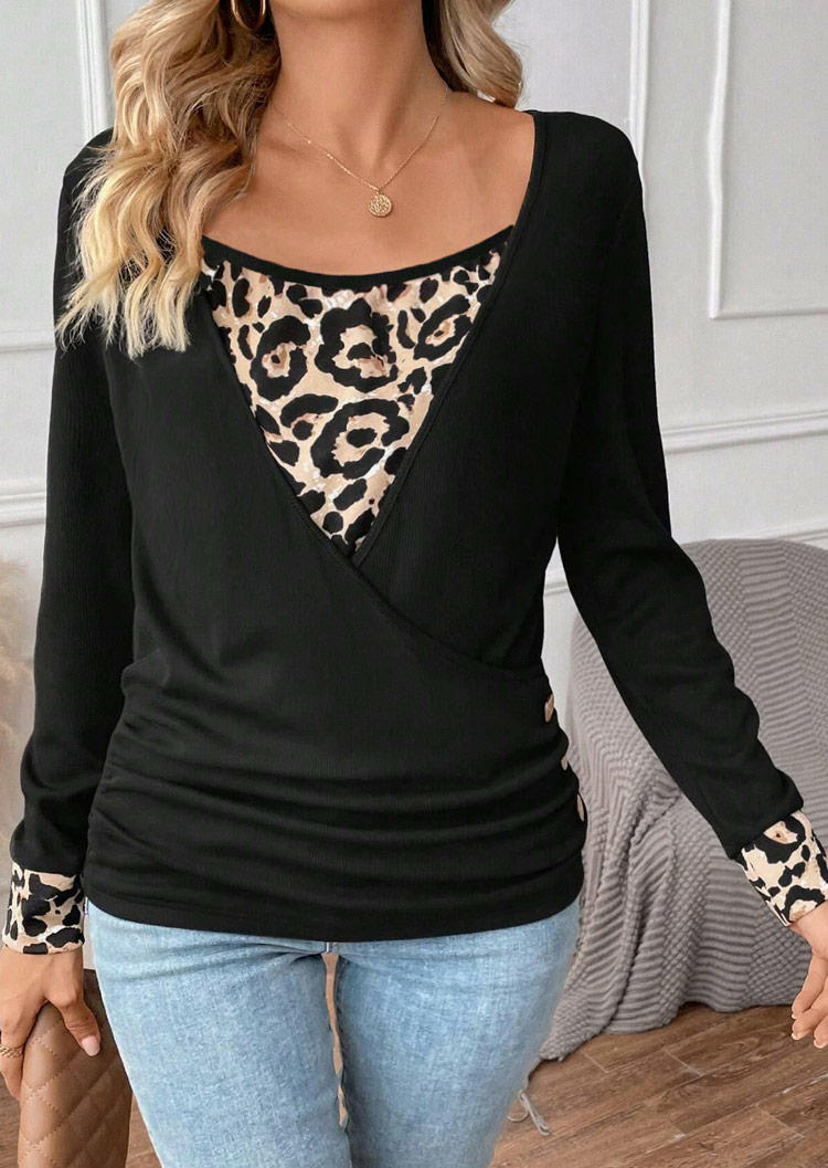 

Blouses Leopard Ruched Button Wrap Blouse in Black. Size: L,M,,XL