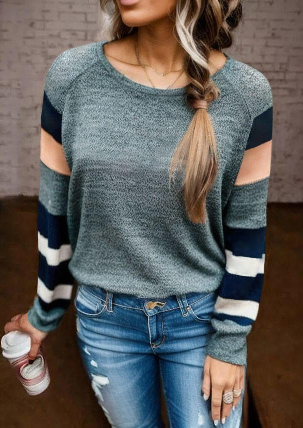 Color Block Long Sleeve O-Neck Blouse - Gray