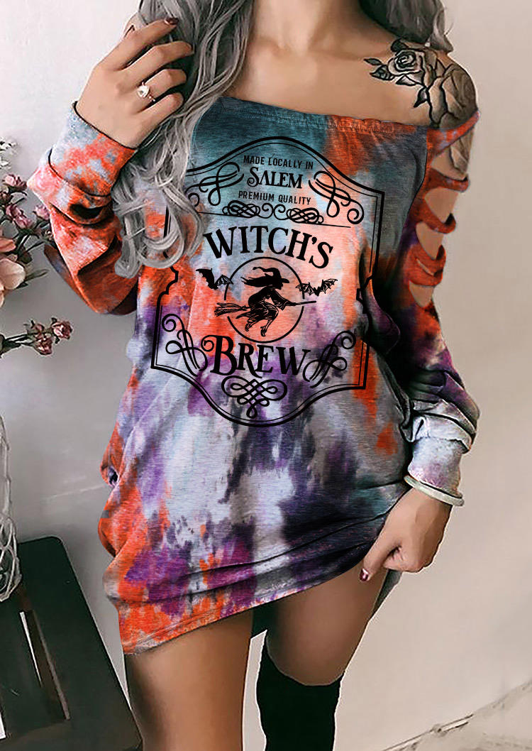 Halloween Witch's Bat Tie Dye Cut Out Off Shoulder Mini Dress