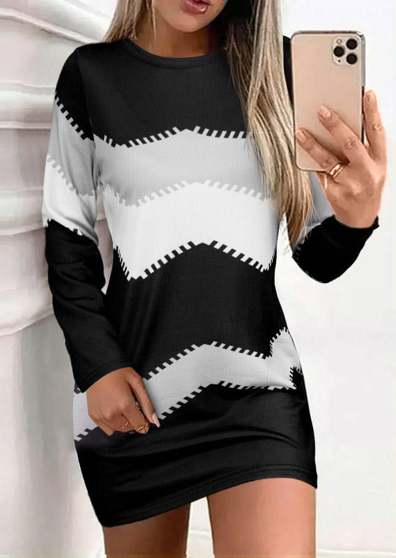 Color Block Geometric Long Sleeve Mini Dress
