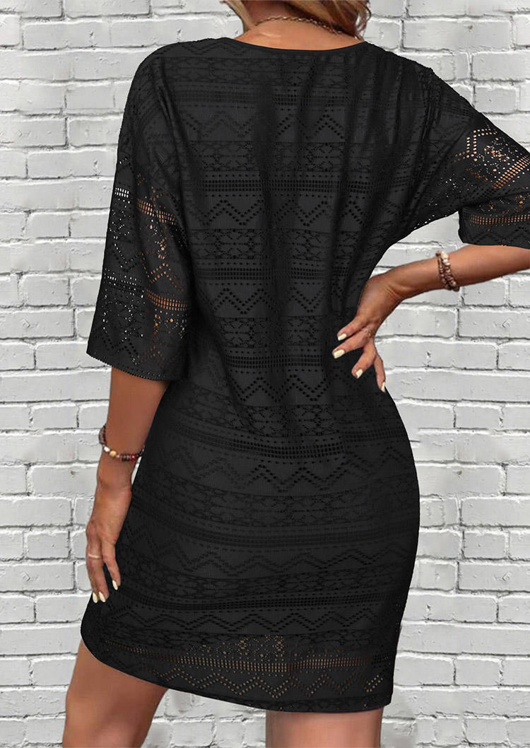

Mini Dresses Lace Up Half Sleeve V-Neck Hollow Out Crochet Mini Dress in Black. Size: L,M,,XL