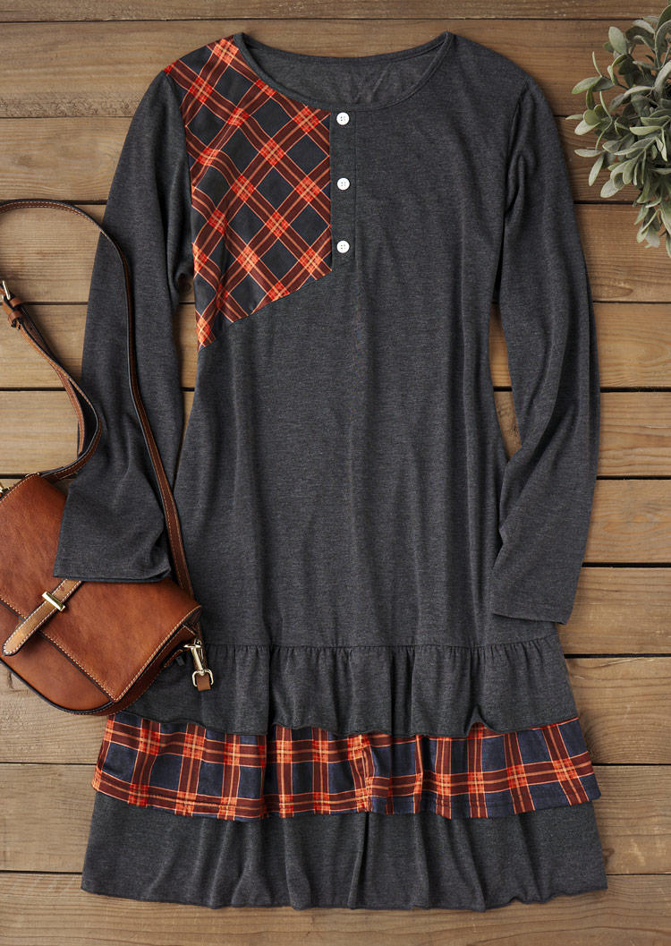 

Mini Dresses Plaid Button Ruffled Long Sleeve Mini Dress - Dark Grey in Gray. Size: L,M,,XL