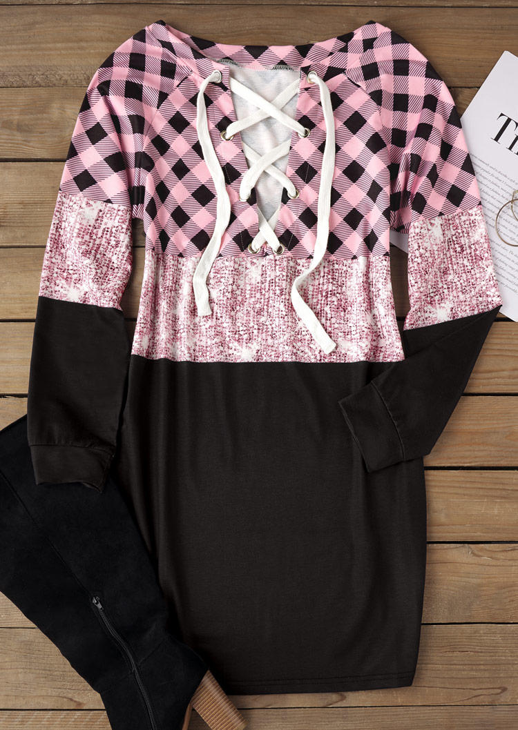 

Sweatshirt Dresses Plaid Color Block Lace Up Sweatshirt Dress in Multicolor. Size: L,M