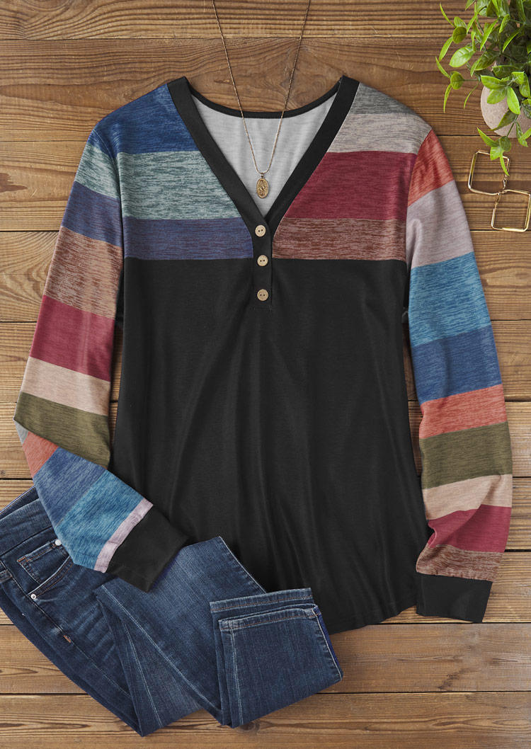 

Blouses Color Block Button V-Neck Blouse in Black. Size