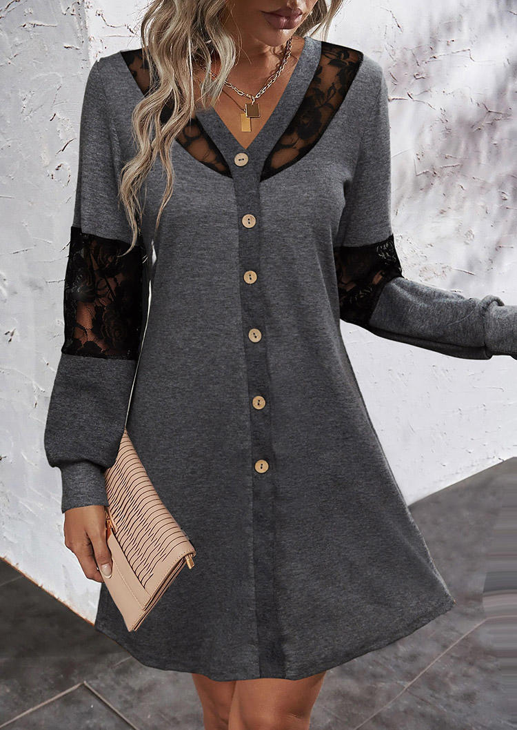 Hollow Out Lace Splicing Button Mini Dress - Dark Grey