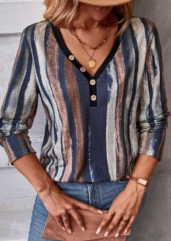 Colorful Vertical Striped Button V-Neck Blouse