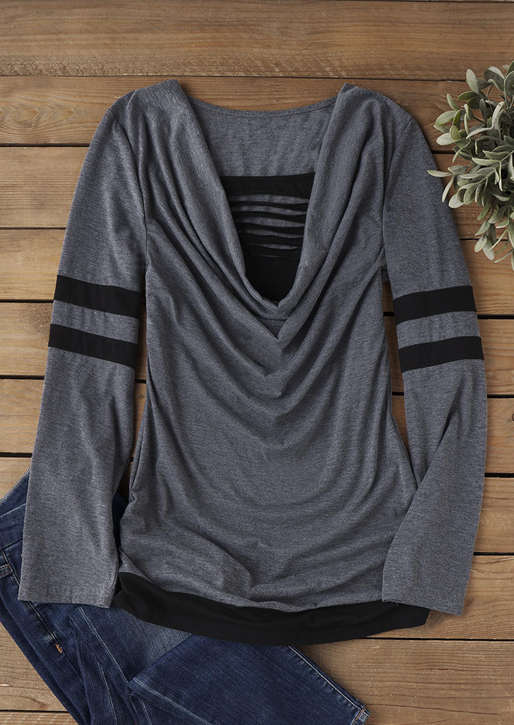 

Blouses Cut Out Cowl Neck Fake Two-Piece Blouse in Gray. Size: L,M
