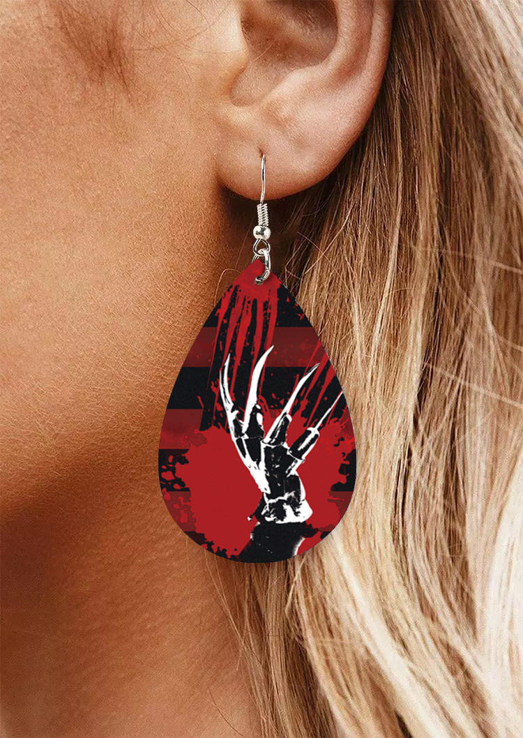 

Earrings Halloween Skeleton Hand Striped Leather Water Drop Earrings in Multicolor. Size