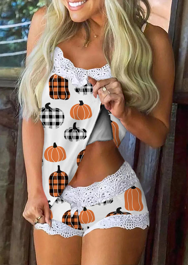 

Sleepwear Pumpkin Plaid Lace Splicing Camisole And Shorts Pajamas Set in Multicolor. Size: L,M,,XL