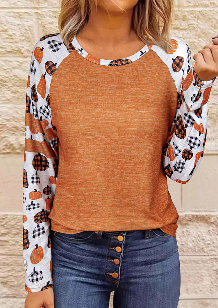 

Blouses Pumpkin Plaid Long Sleeve O-Neck Blouse in Orange. Size: M,,XL