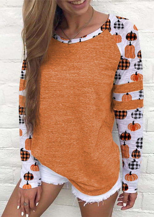 Pumpkin Plaid Long Sleeve O-Neck Blouse - Orange