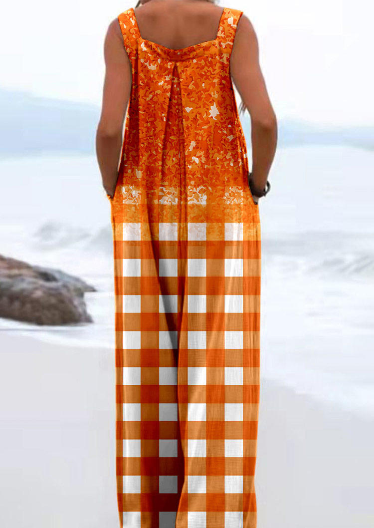 Plaid Gradient Glitter Pocket Button Overall Jumpsuit - Orange