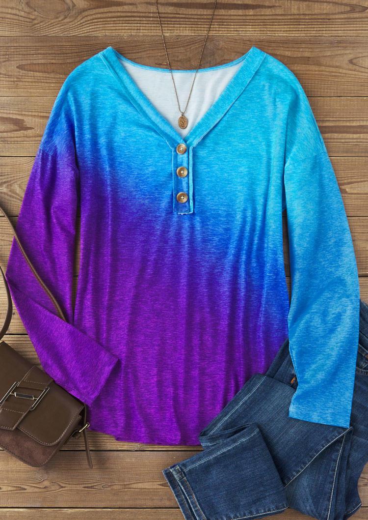 

Blouses Gradient Button Long Sleeve V-Neck Blouse in Multicolor. Size
