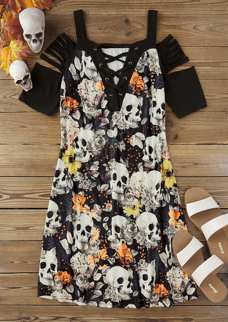 

Mini Dresses Halloween Skull Sunflower Maple Leaf Criss-Cross Cold Shoulder Mini Dress in Multicolor. Size: L,M,,XL