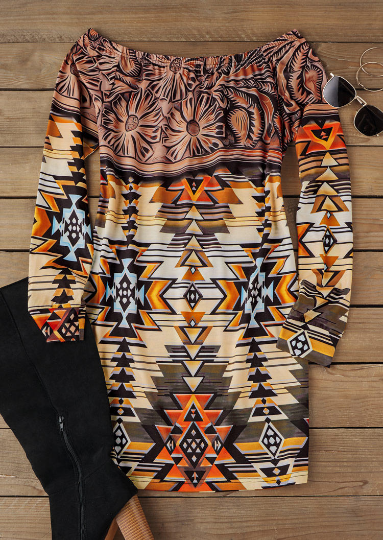 

Sweatshirt Dresses Floral Aztec Geometric Off Shoulder Sweatshirt Dress in Multicolor. Size: M