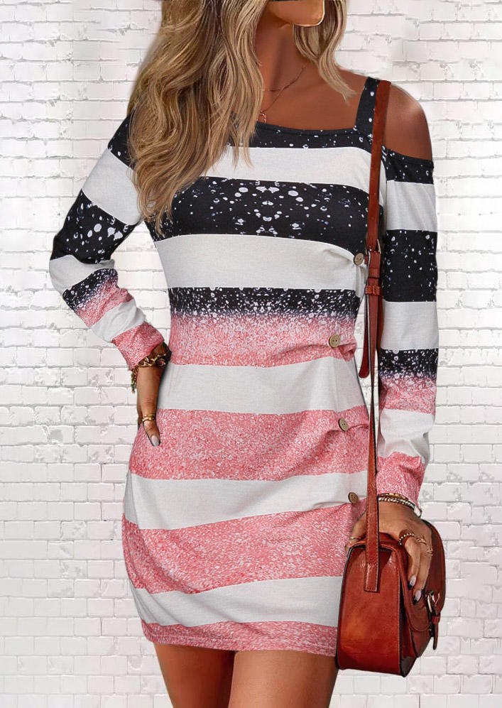 Striped Color Block Glitter One Sided Cold Shoulder Mini Dress