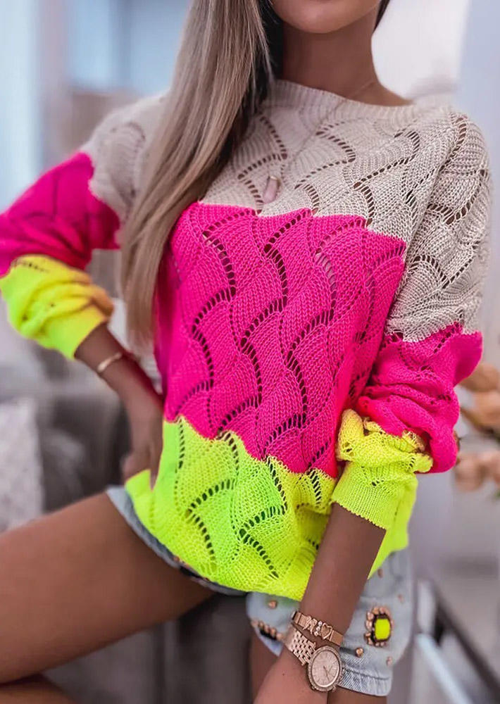 Color-Blocked Zigzag Knitted Hollow Out Sweater