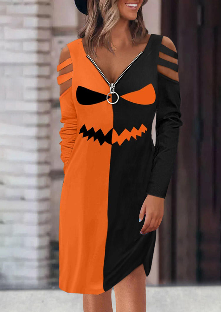 Halloween Color Block Pumpkin Face Zipper Collar Cold Shoulder Mini Dress