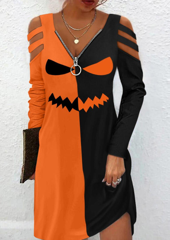 Halloween Color Block Pumpkin Face Zipper Collar Cold Shoulder Mini Dress