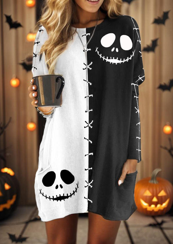 

Mini Dresses Halloween Color-Blocked Ghost Face Pocket Mini Dress in Multicolor. Size