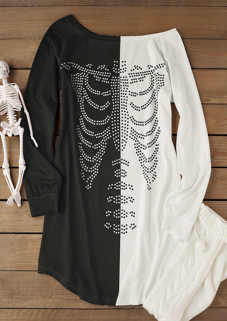 Halloween Color Block Skeleton Sweatshirt Dress