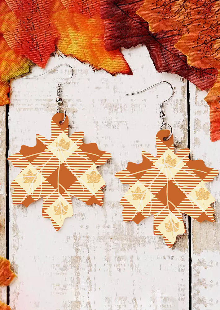 

Earrings Plaid Striped Maple Leaf Earrings in Orange. Size