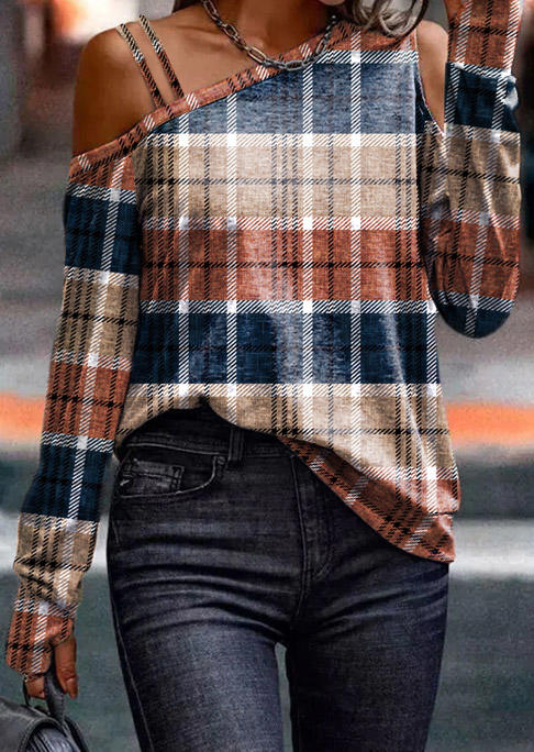 

Blouses Plaid Color Block Striped Thumbhole Cold Shoulder Blouse in Multicolor. Size: L,M,,XL