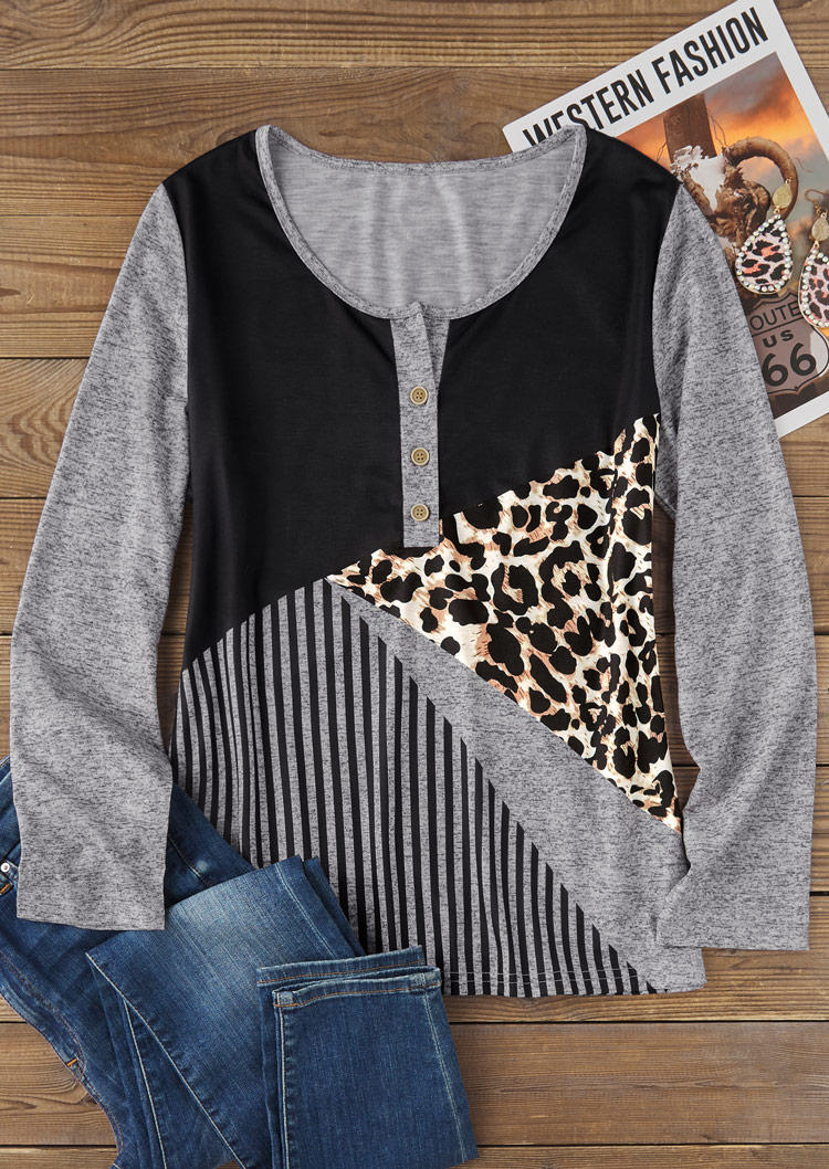 

Blouses Leopard Vertical Striped Color Block Button Blouse in Multicolor. Size