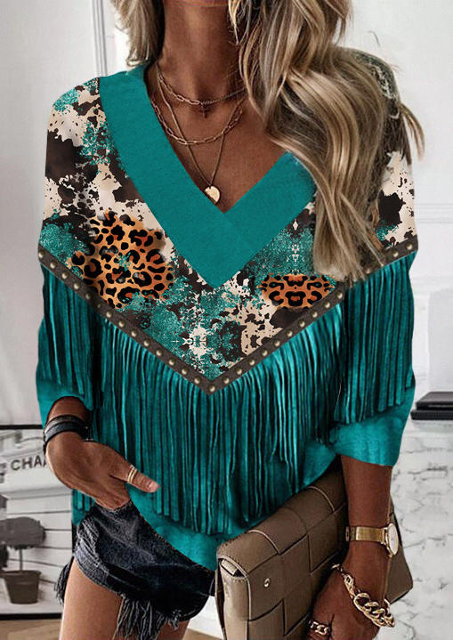 

Blouses Leopard Cow Fake Tassel Western V-Neck Blouse - Cyan in Blue. Size: L,M