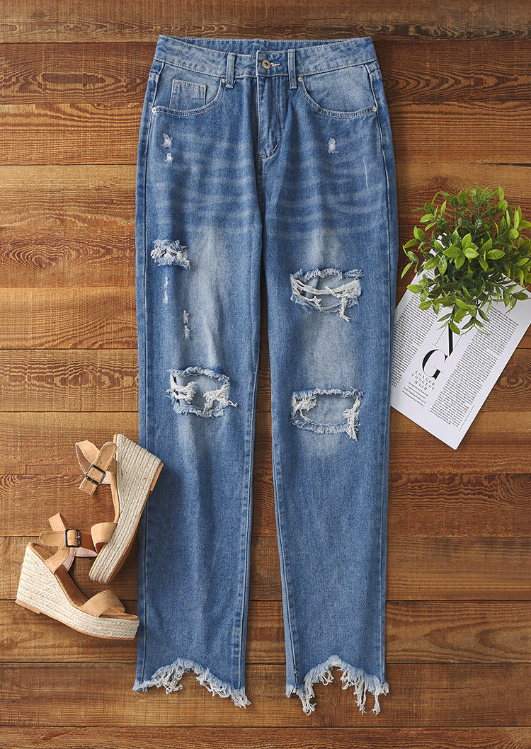

Pants Ripped Hole Frayed Hem Denim Pants in Blue. Size