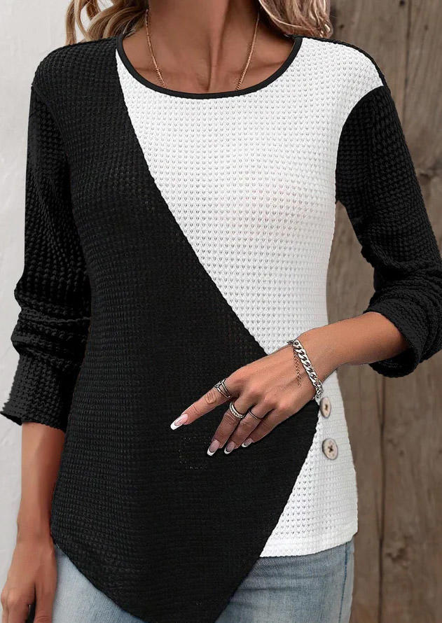 

Blouses Color Block Button Irregular O-Neck Blouse in Multicolor. Size: L,M,,XL