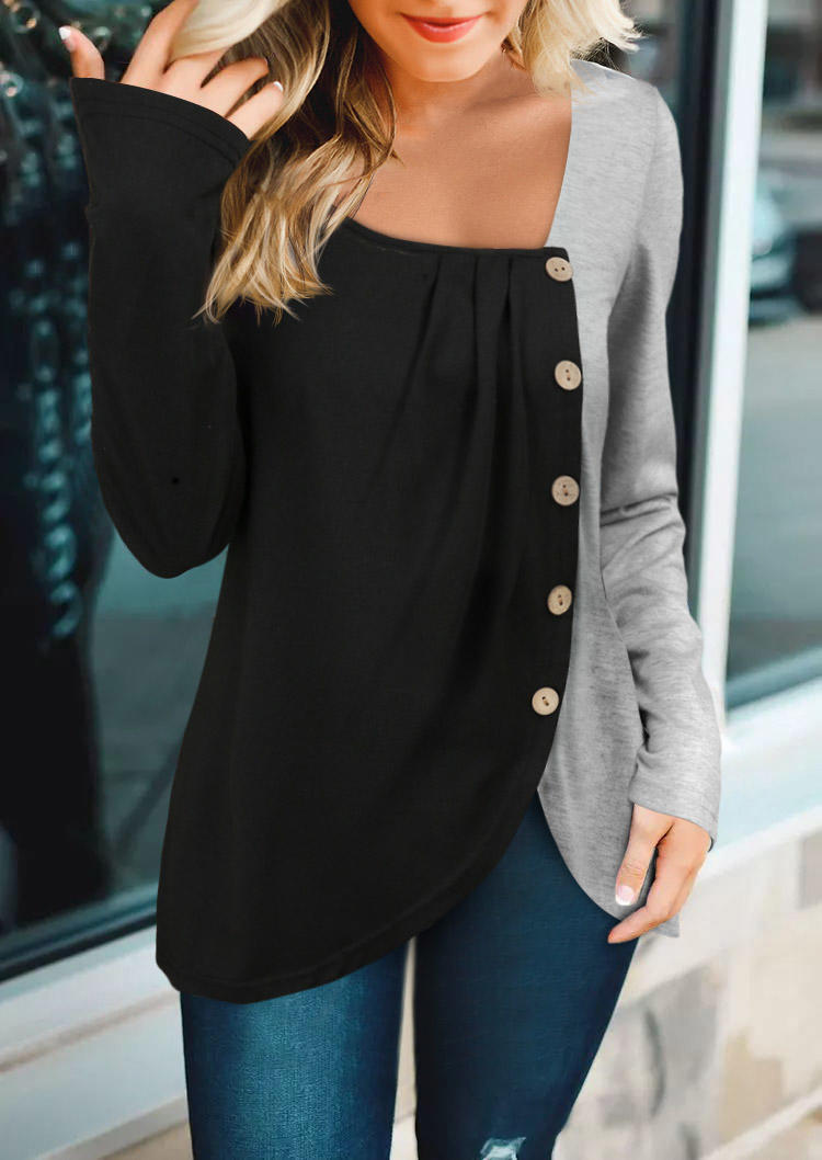 Color Block Ruffled Button Slit Blouse