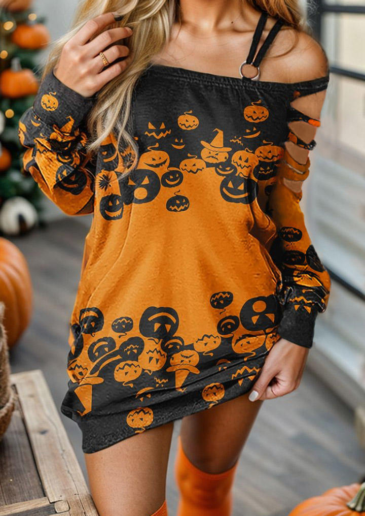 

Sweatshirt Dresses Halloween Pumpkin Face Cut Out Cold Shoulder Sweatshirt Dress in Black. Size: L,M,,XL