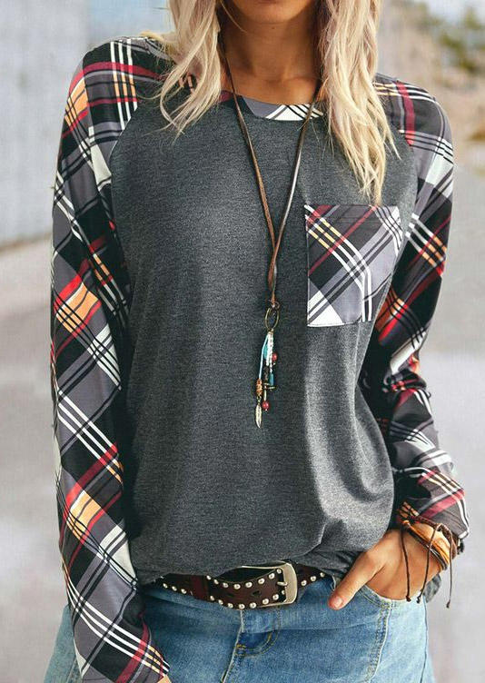 Plaid Pocket Chic Long Sleeve Blouse
