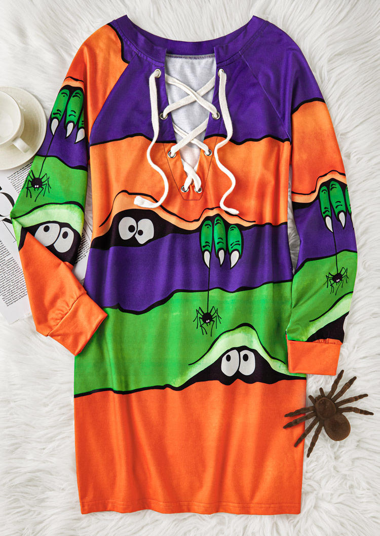 

Sweatshirt Dresses Halloween Peeping Eyes Spider Color-Blocked Lace Up Sweatshirt Dress in Multicolor. Size: L,M,,XL