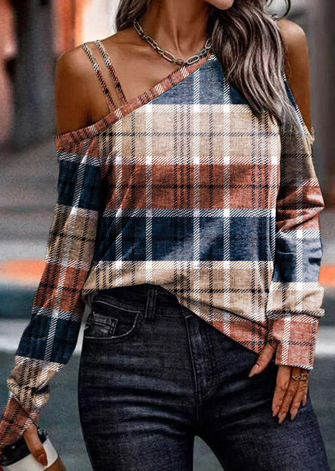 Plaid Color Block Striped Thumbhole Cold Shoulder Blouse