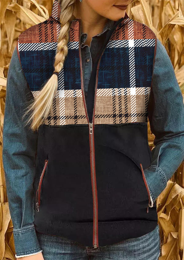 Plaid Color-Blocked Striped Pocket Zipper Vest Coat - Black