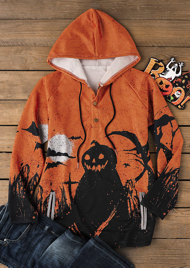 

Hoodies Halloween Pumpkin Face Pocket Button Hoodie in Orange. Size: L,M,,XL