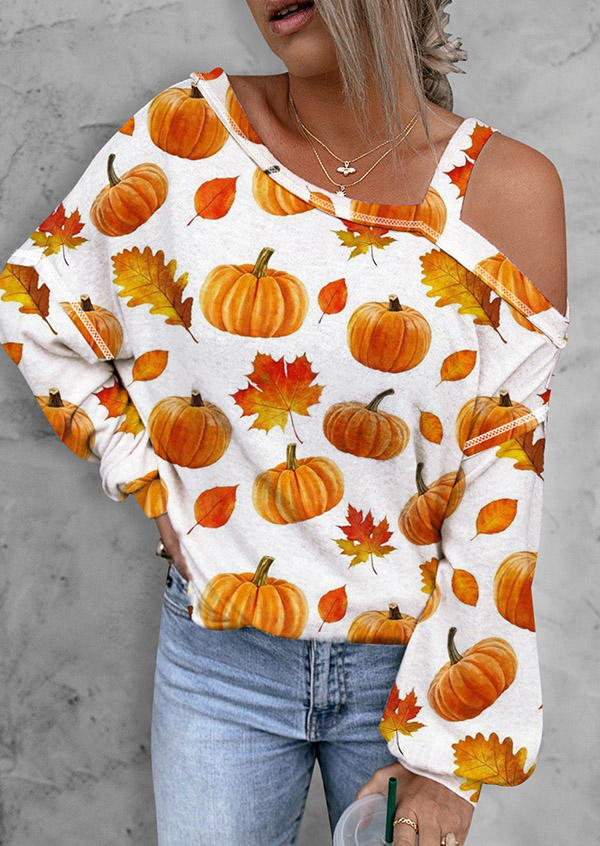 Pumpkin Palm Leaf One Sided Cold Shoulder Blouse