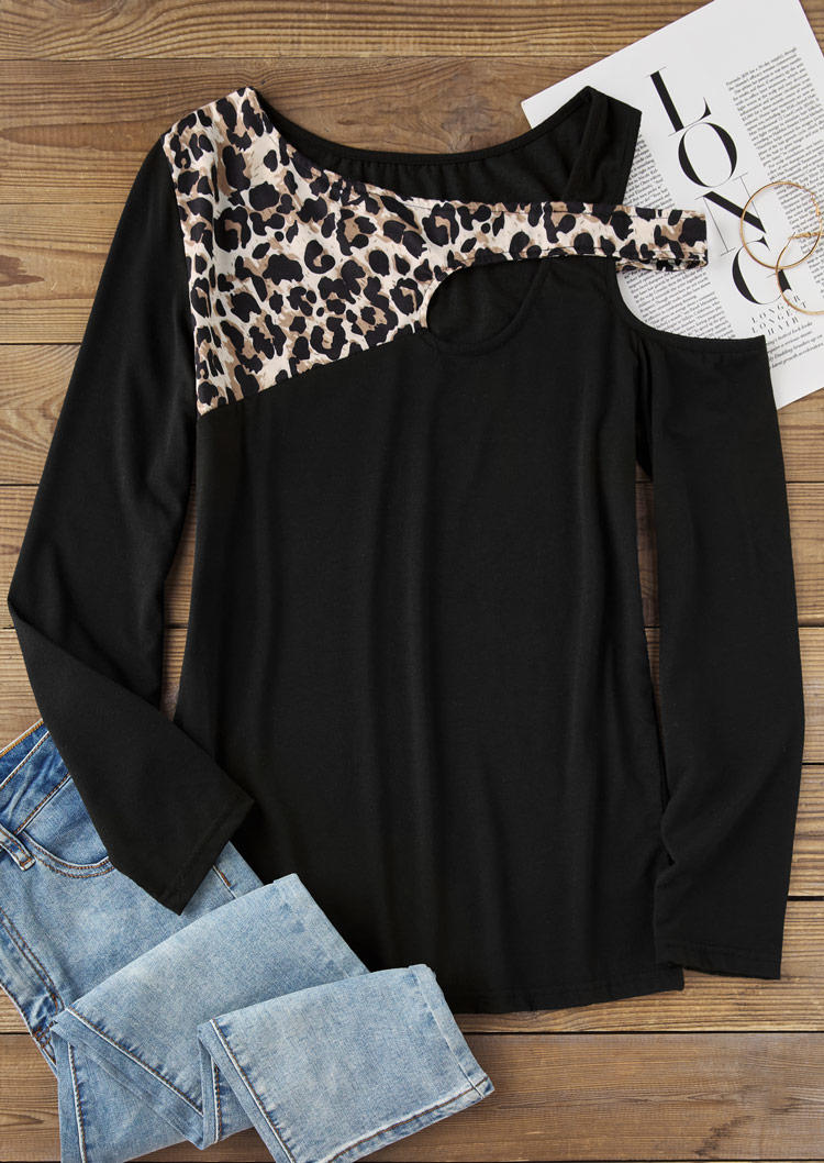 

Blouses Leopard Hollow Out Cold Shoulder Blouse in Black. Size: L,M