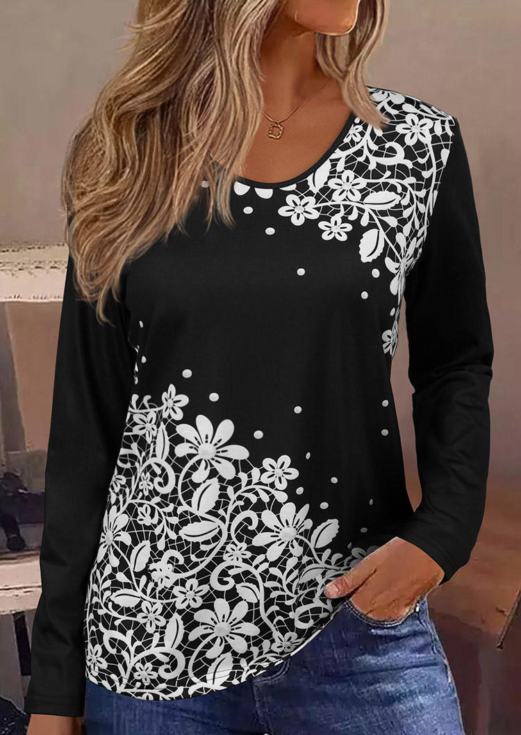 Floral Lace Graphic Long Sleeve Blouse