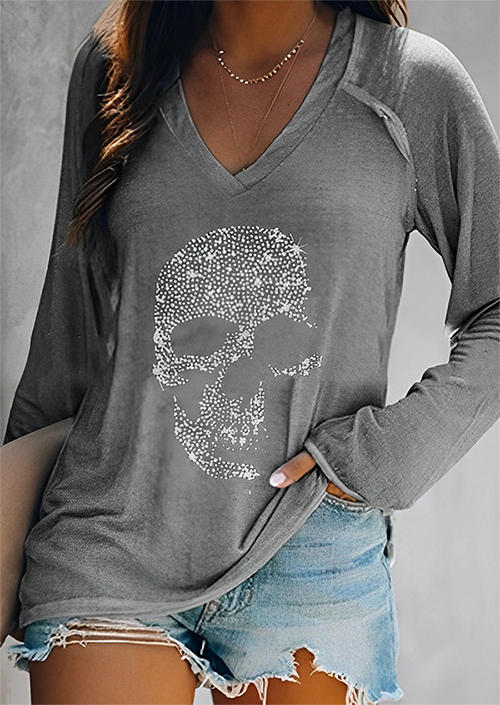 

Blouses Halloween Skull Rhinestone V-Neck Long Sleeve Blouse in Gray. Size