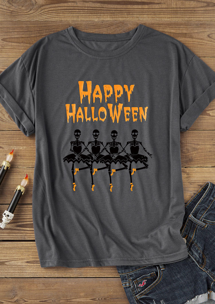 

T-shirts Tees Happy Halloween Skeleton O-Neck T-Shirt Tee - Dark Grey in Gray. Size: L,M,,XL