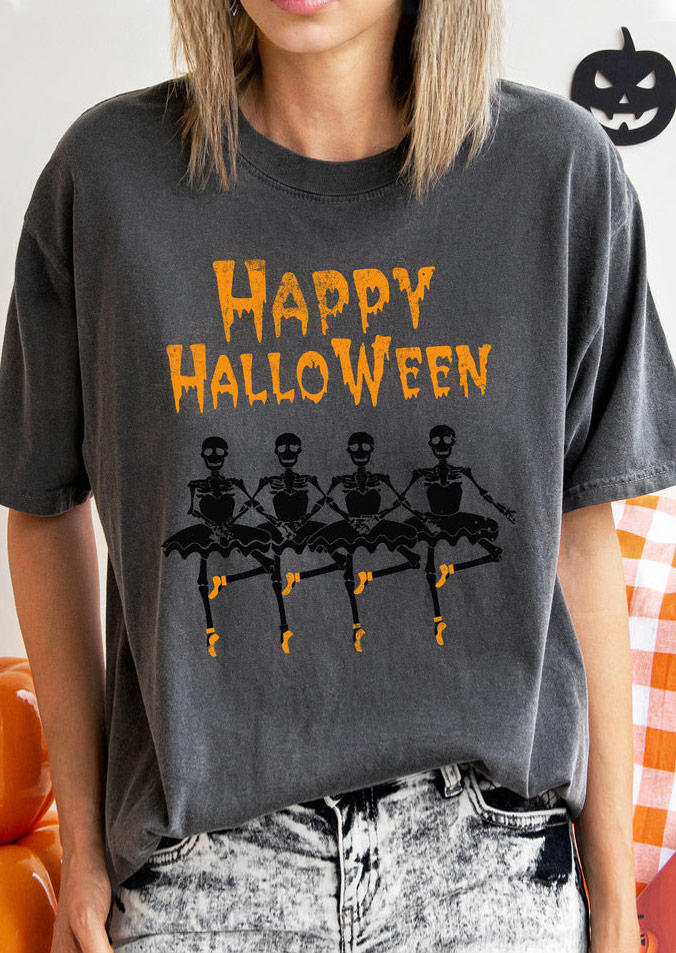Happy Halloween Skeleton O-Neck T-Shirt Tee - Dark Grey